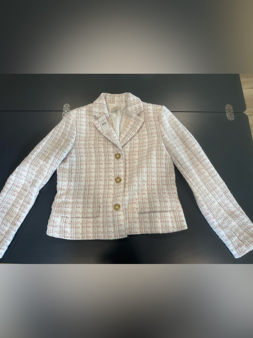 LOFT Pink & White Tweed Blazer with Gold Buttons